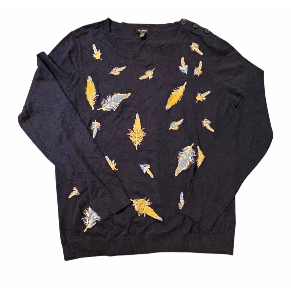 Talbots Women's L Navy Embroidered Feather Crew Neck Long Sleeve Knit Sweater